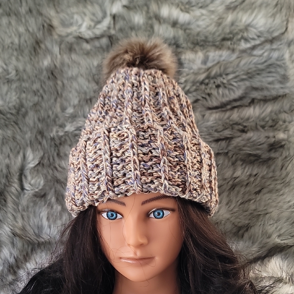 Hand Crocheted Fur Pom-Pom Snow Hat/Beanie